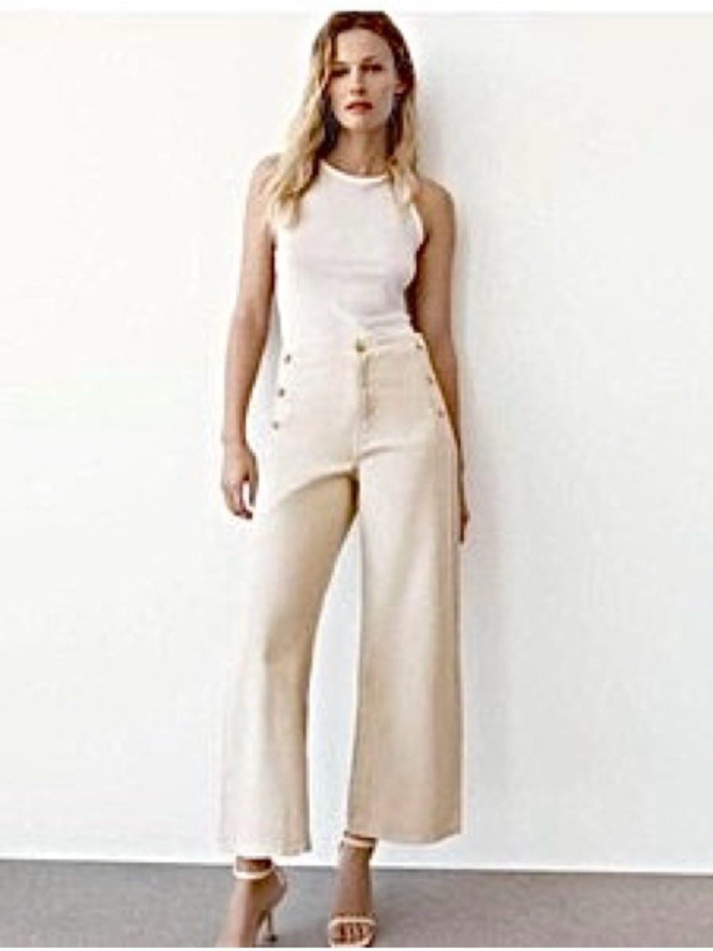 Zara Oatmeal Wide Leg High Rise Cropped Sailor Denim Trouser Jeans, NWT Sz 6 - Picture 2 of 12